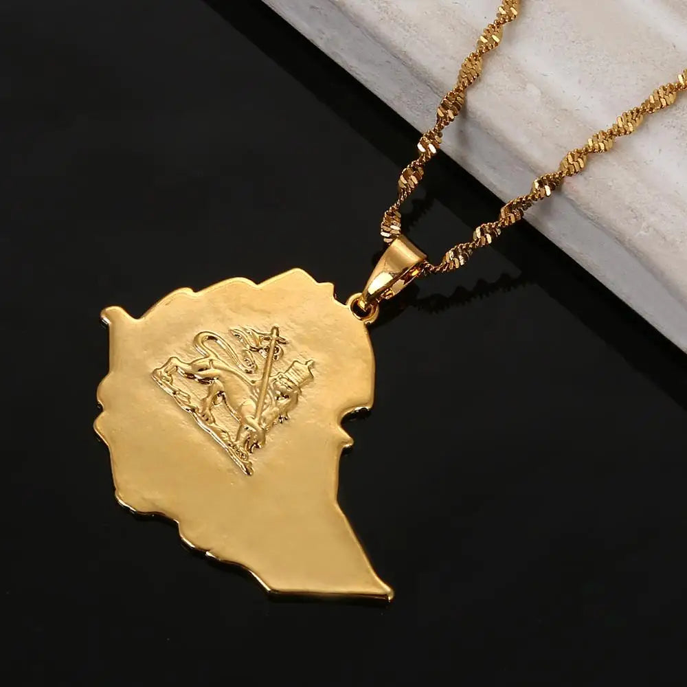 Ethiopian Gold Color Lion Pendant Necklace for Women Lion of Judah Map Chain Jewelry