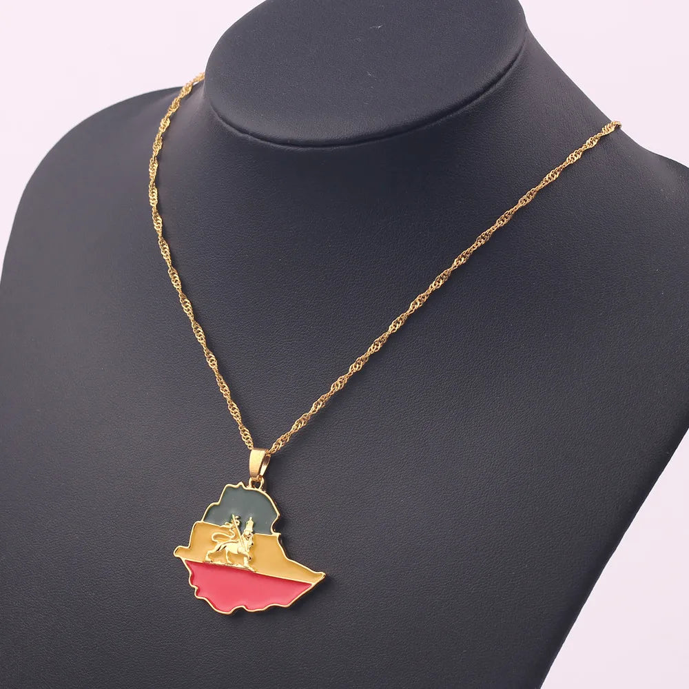 Ethiopian Flag & Lion Map Pendant Necklaces Women/Men Jewelry Gold Color Africa Maps Ethiopia Lion Necklace Choker Gifts