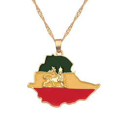 Ethiopian Flag & Lion Map Pendant Necklaces Women/Men Jewelry Gold Color Africa Maps Ethiopia Lion Necklace Choker Gifts