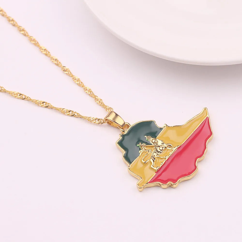 Ethiopian Flag & Lion Map Pendant Necklaces Women/Men Jewelry Gold Color Africa Maps Ethiopia Lion Necklace Choker Gifts