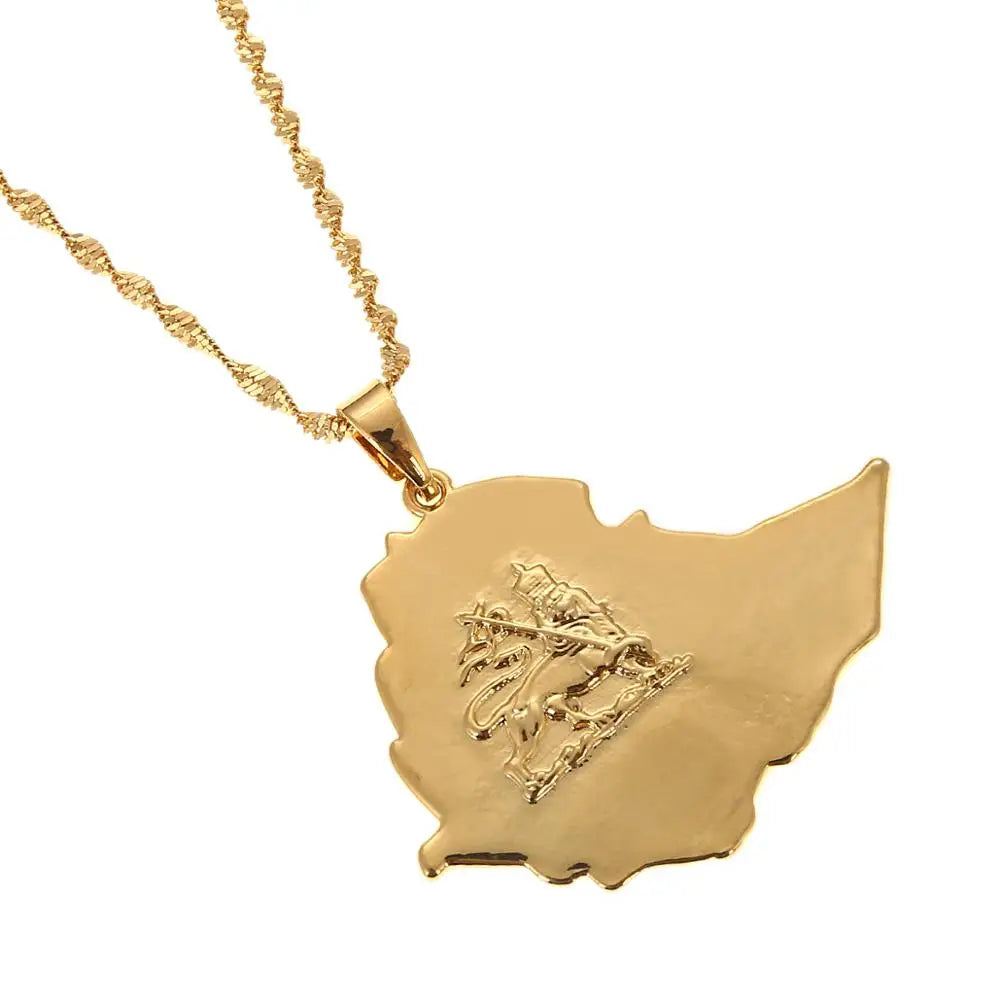 Ethiopian Gold Color Lion Pendant Necklace for Women Lion of Judah Map Chain Jewelry