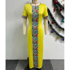 Yellow Printed African Dresses For Women 2024 New Arrival Summer Fashion Hollow Stretch Short Sleeve Long Dress Ankara Robes