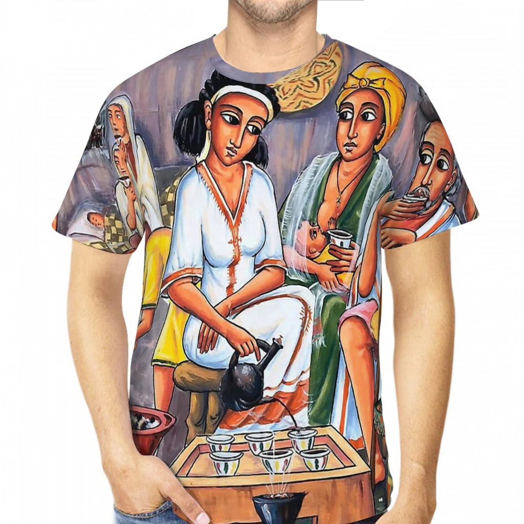 Ethiopian Painting Art Coffee Ceremony Polyester TShirts  Male Style Tops Thin T Shirt Round Neck