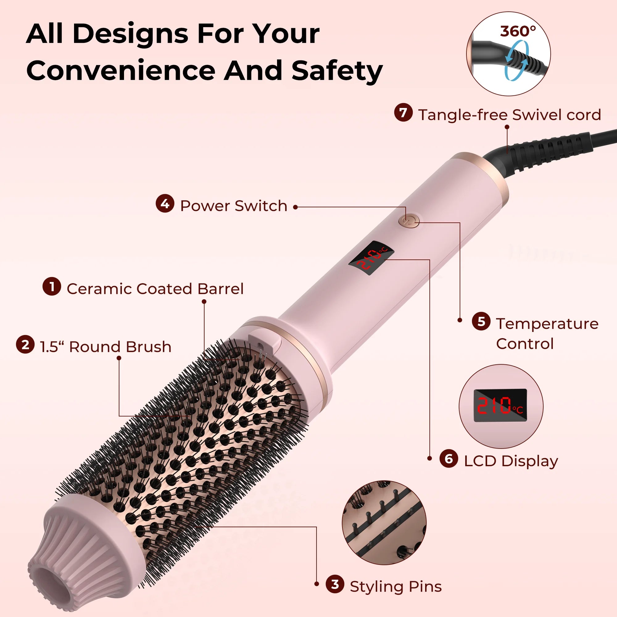 Heated Round Brush 1.5 Inch Thermal Brush Heating Curling Iron Brush Volumizing Brush Ceramic Curling Comb Travel Curling Iron