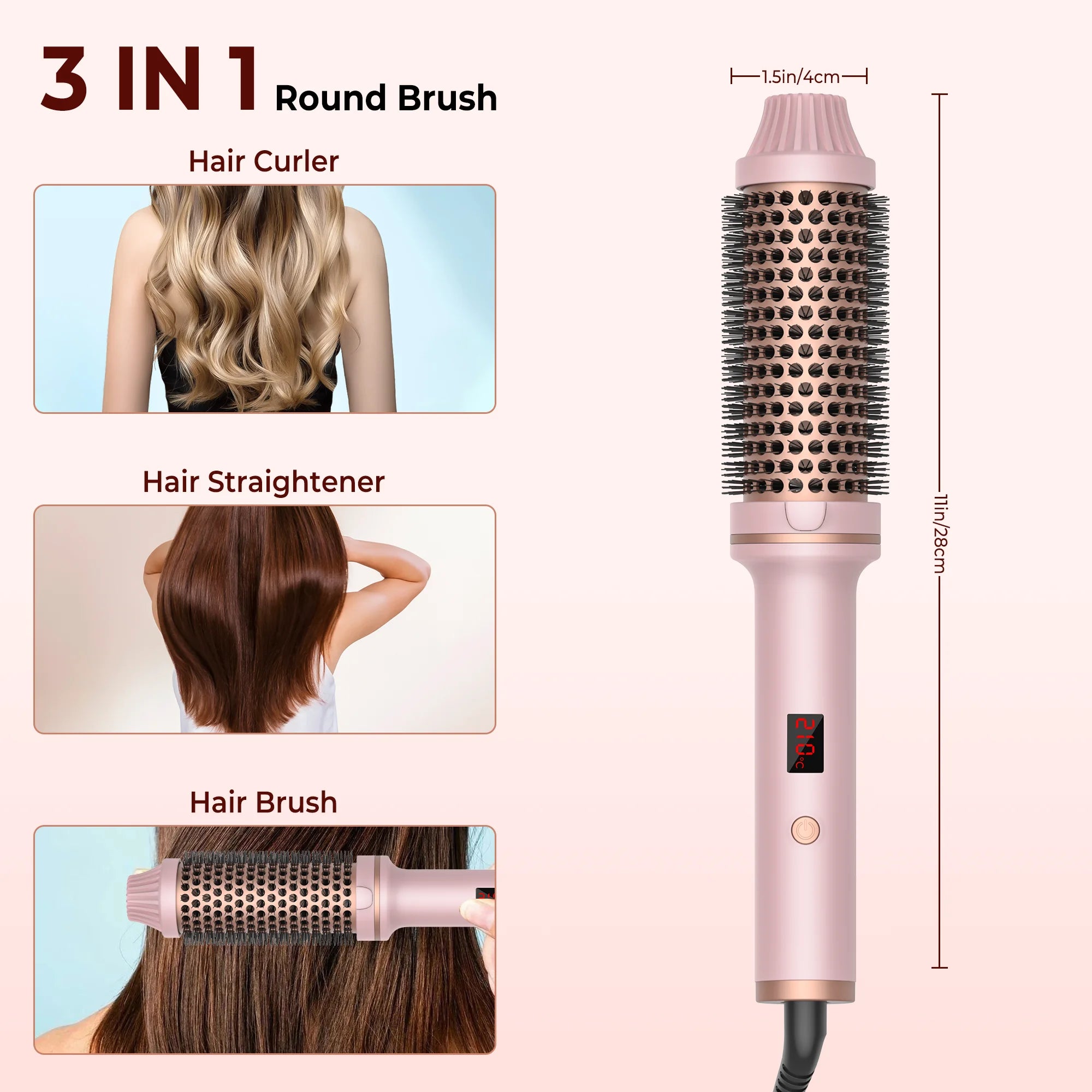 Heated Round Brush 1.5 Inch Thermal Brush Heating Curling Iron Brush Volumizing Brush Ceramic Curling Comb Travel Curling Iron