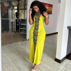 Yellow Printed African Dresses For Women 2024 New Arrival Summer Fashion Hollow Stretch Short Sleeve Long Dress Ankara Robes