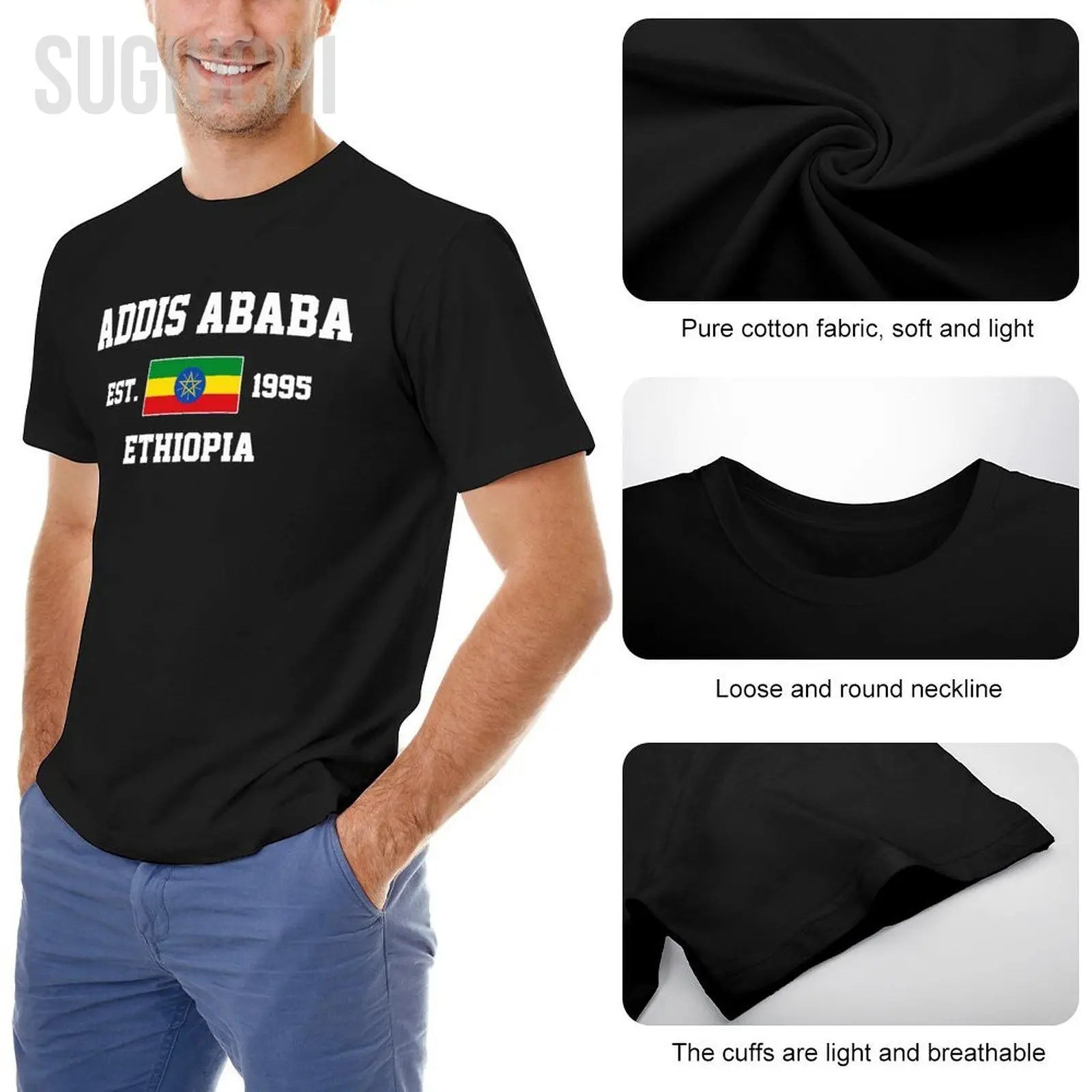 Patriotic Flag Ethiopia EST.1995 Addis Ababa Men Tshirt Tees T-Shirt O-neck T Shirts Women Boys Clothing 100% Cotton