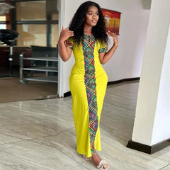 Yellow Printed African Dresses For Women 2024 New Arrival Summer Fashion Hollow Stretch Short Sleeve Long Dress Ankara Robes