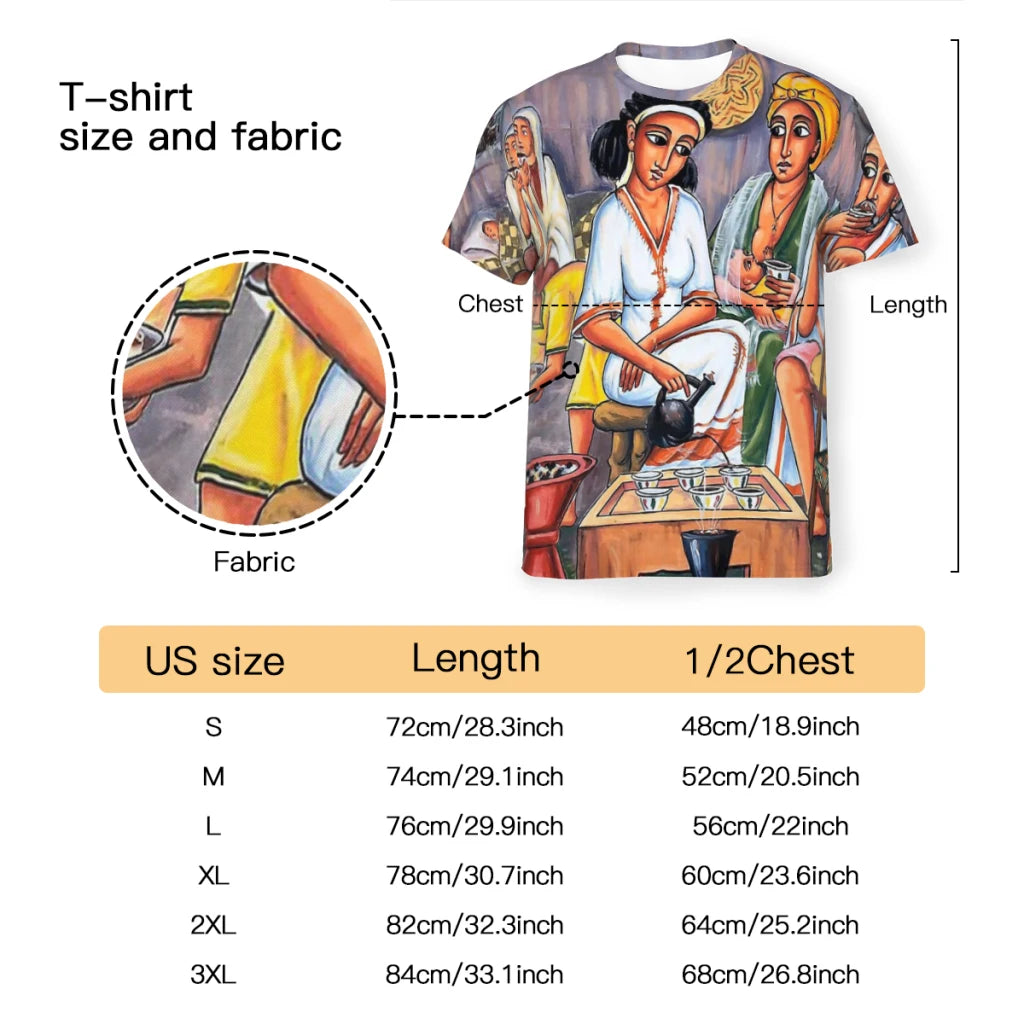 Ethiopian Painting Art Coffee Ceremony Polyester TShirts  Male Style Tops Thin T Shirt Round Neck