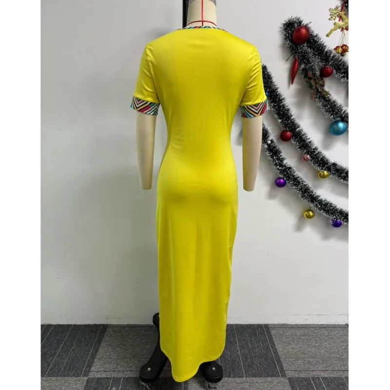 Yellow Printed African Dresses For Women 2024 New Arrival Summer Fashion Hollow Stretch Short Sleeve Long Dress Ankara Robes